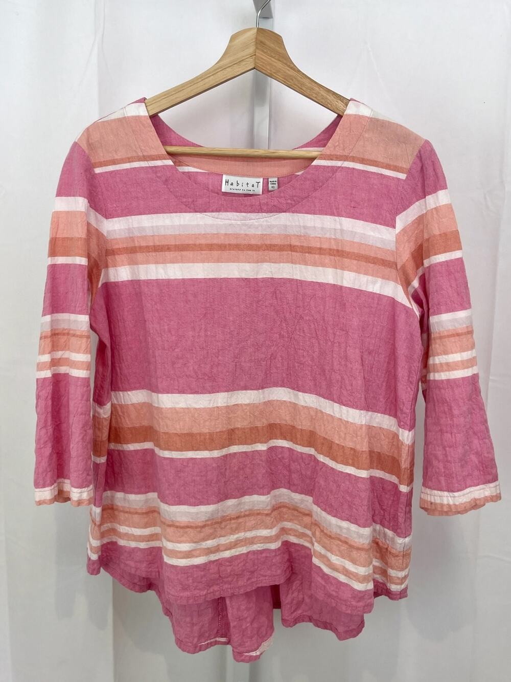 HABITAT Size XS Striped Cotton Popover Top 3/4 Sleeve Shirt Pink Coral